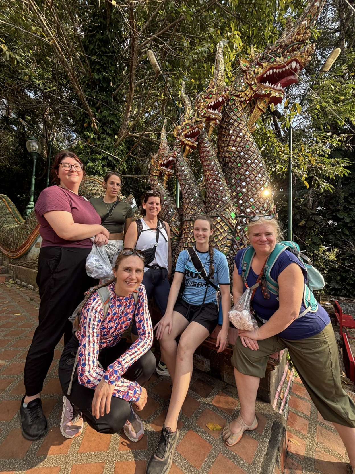 Le groupe devant un temple aux dragons